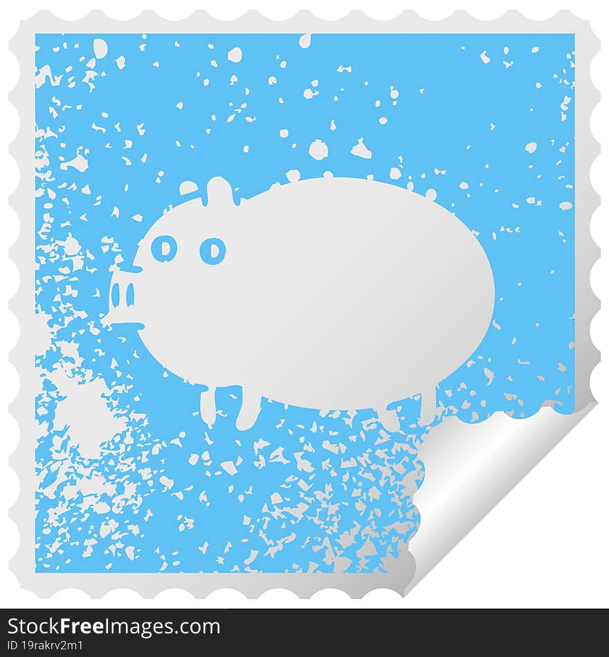 distressed square peeling sticker symbol of a fat pig