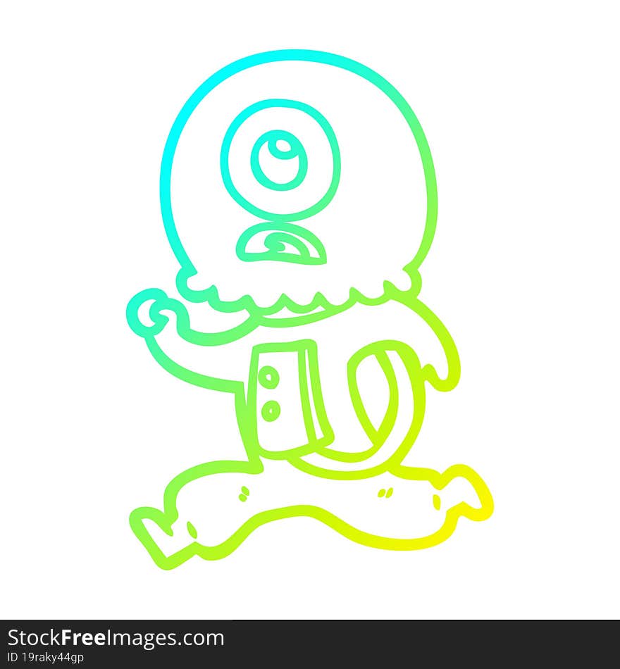 cold gradient line drawing of a cartoon cyclops alien spaceman running