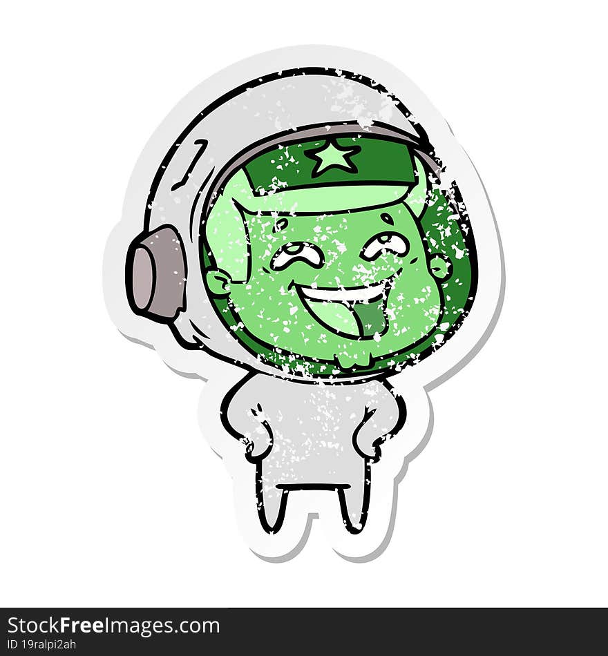 Distressed Sticker Of A Cartoon Laughing Astronaut