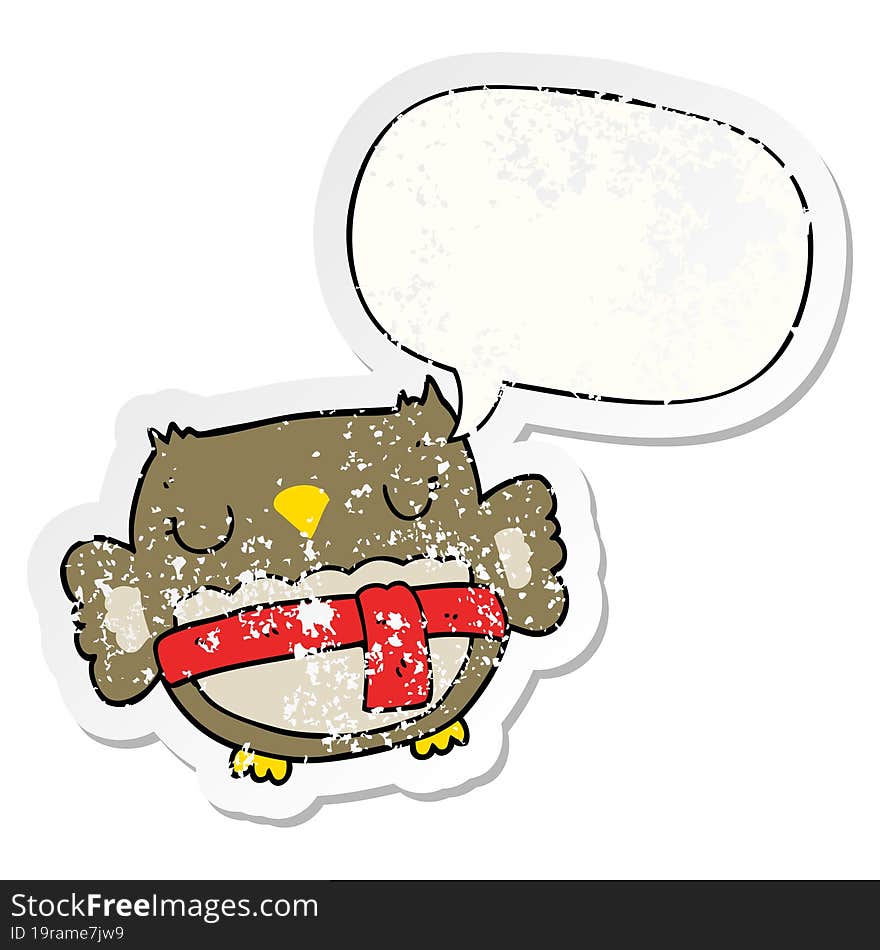 cartoon owl with speech bubble distressed distressed old sticker. cartoon owl with speech bubble distressed distressed old sticker