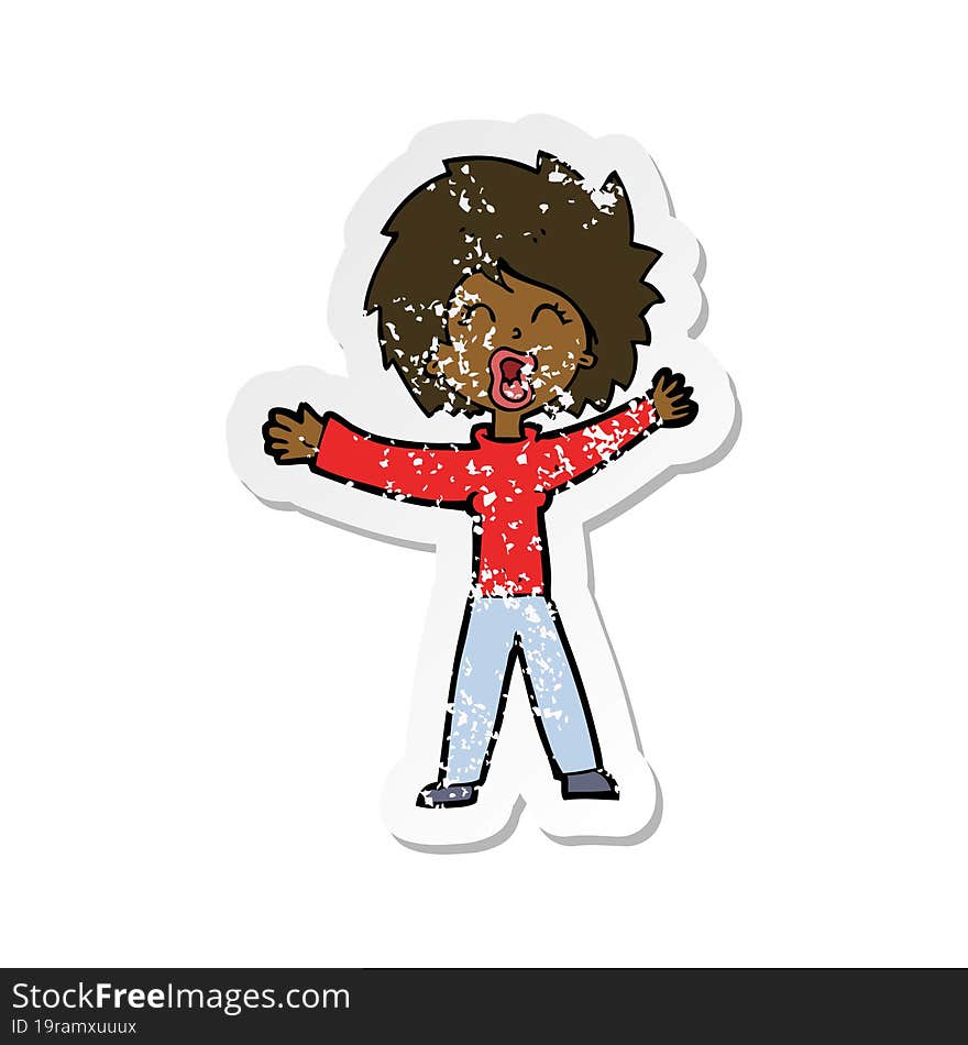 Retro Distressed Sticker Of A Cartoon Woman Shouting