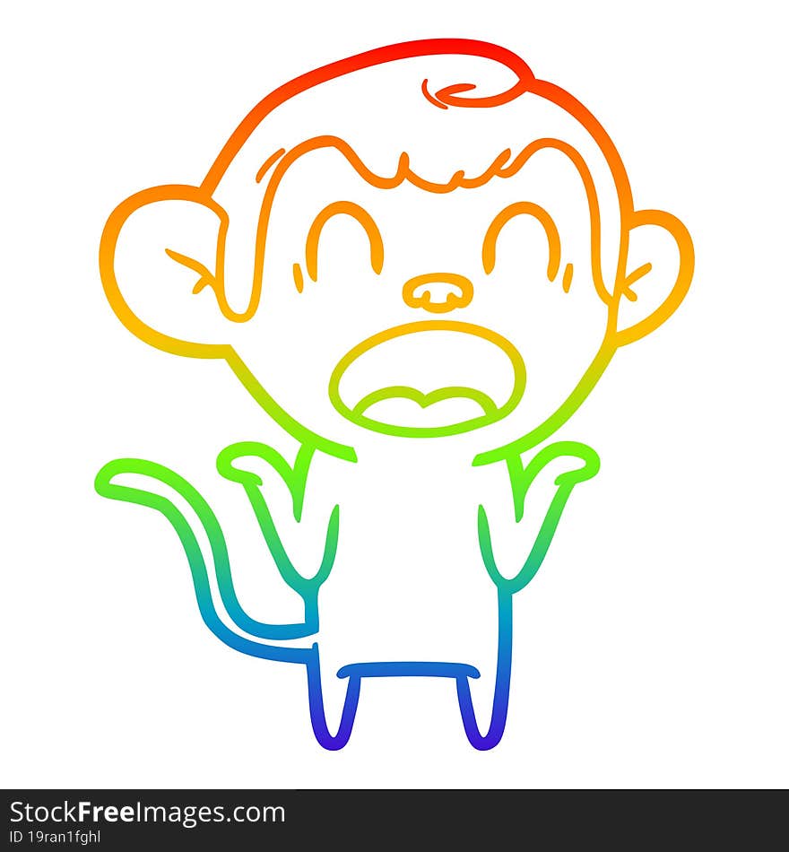 rainbow gradient line drawing shouting cartoon monkey shrugging shoulders