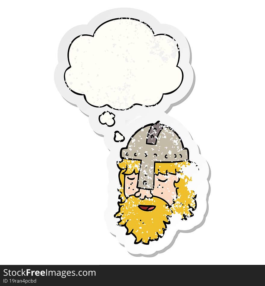 cartoon viking face and thought bubble as a distressed worn sticker