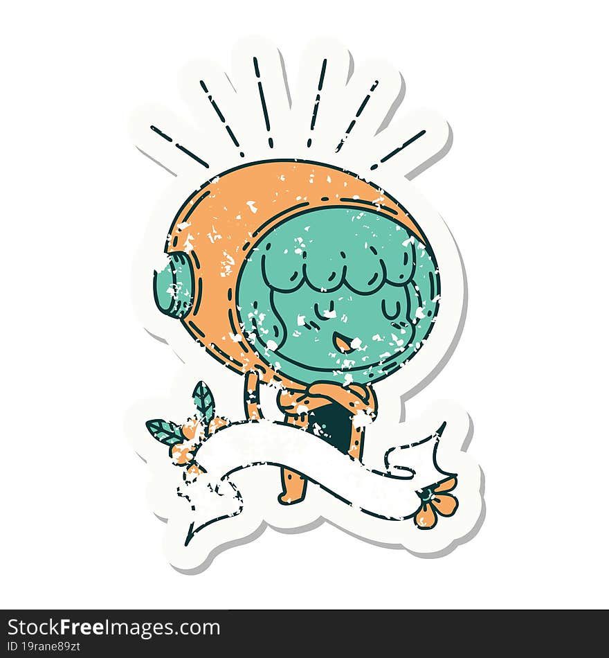 grunge sticker of tattoo style woman in astronaut suit