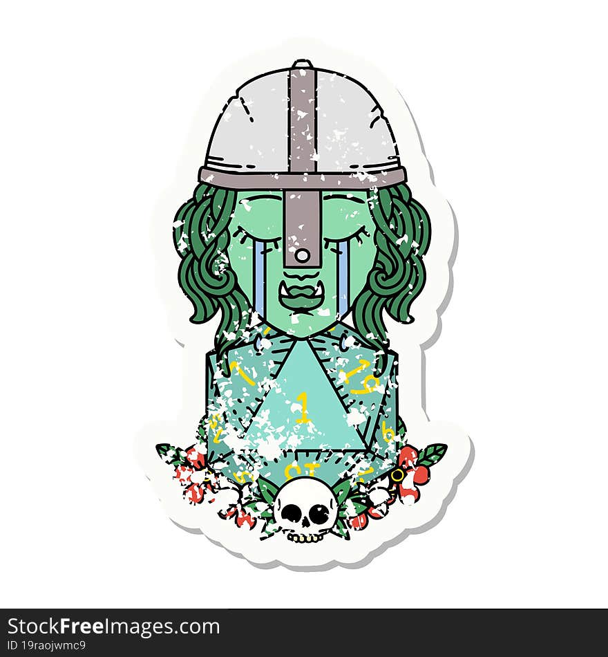 Crying Orc Fighter Character With Natural One D20 Roll Grunge Sticker