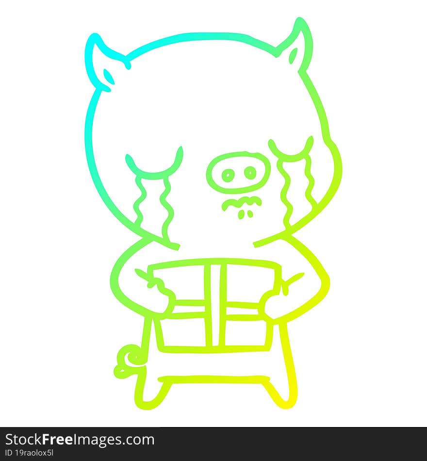 Cold Gradient Line Drawing Cartoon Pig Crying Over Christmas Present