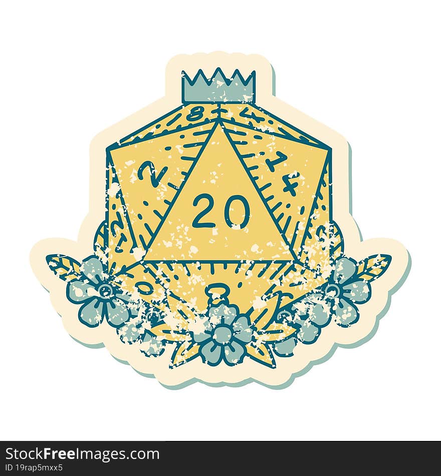 natural 20 D20 dice roll with floral elements illustration