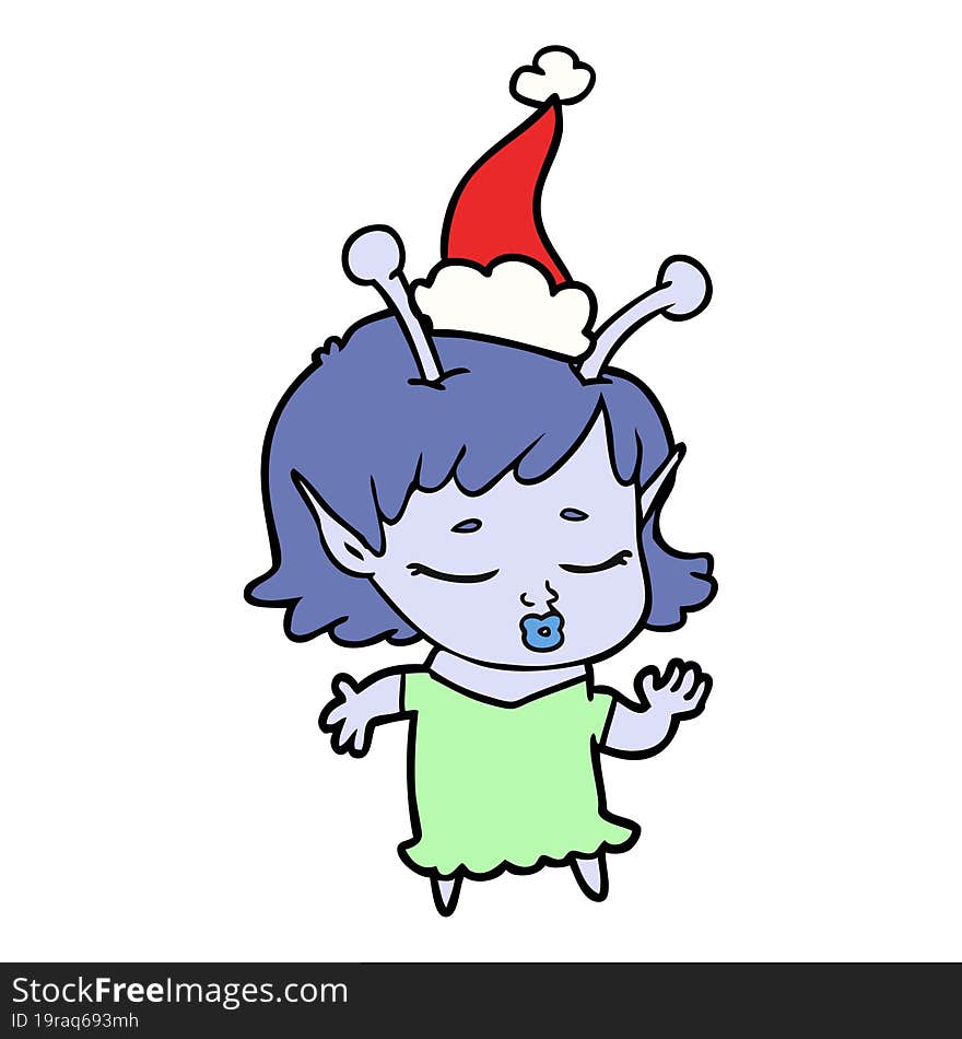 cute alien girl hand drawn line drawing of a wearing santa hat. cute alien girl hand drawn line drawing of a wearing santa hat