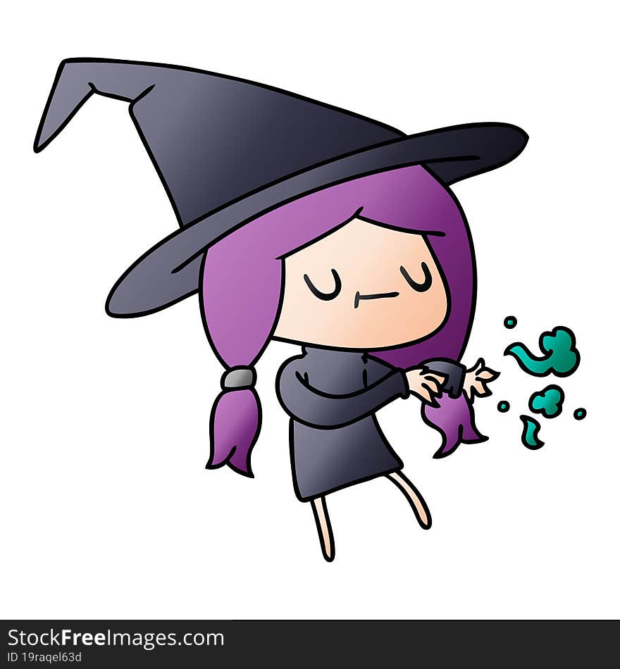 freehand drawn gradient cartoon of cute kawaii witch