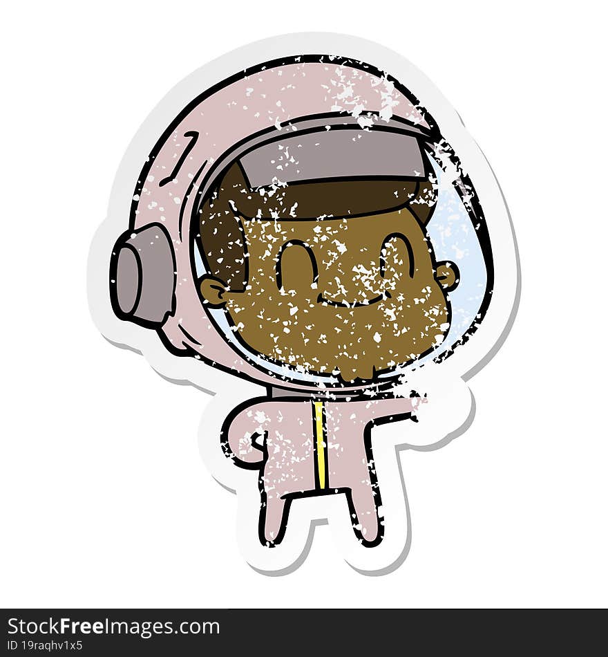 distressed sticker of a happy cartoon astronaut man