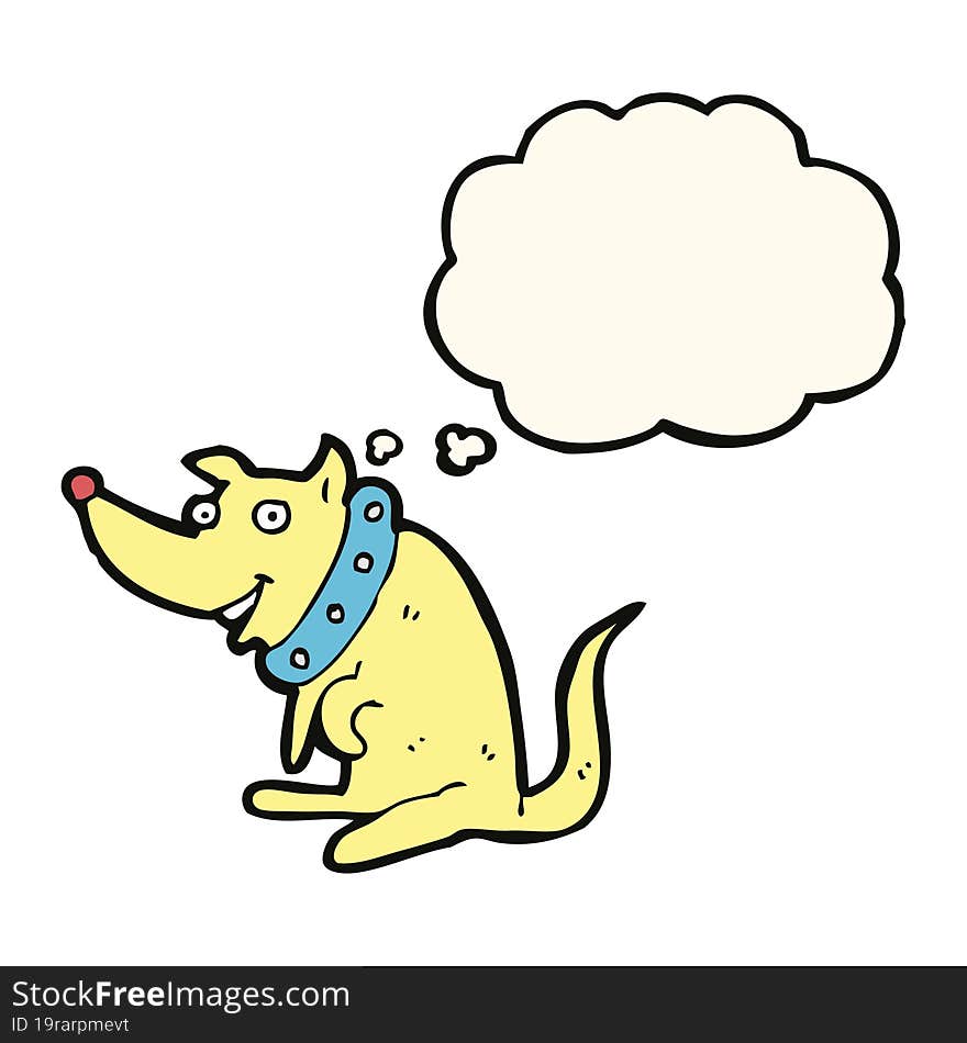 cartoon happy dog in big collar with thought bubble