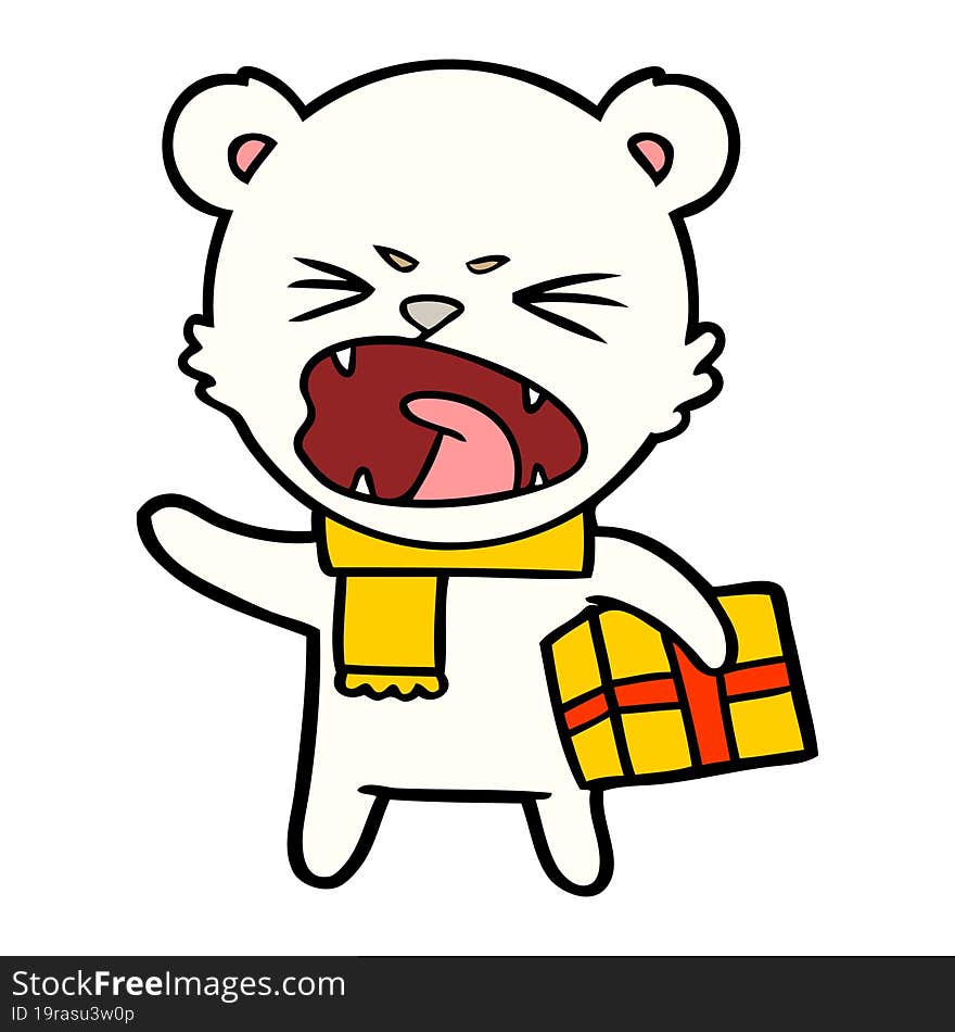 angry cartoon polar bear with christmas present. angry cartoon polar bear with christmas present