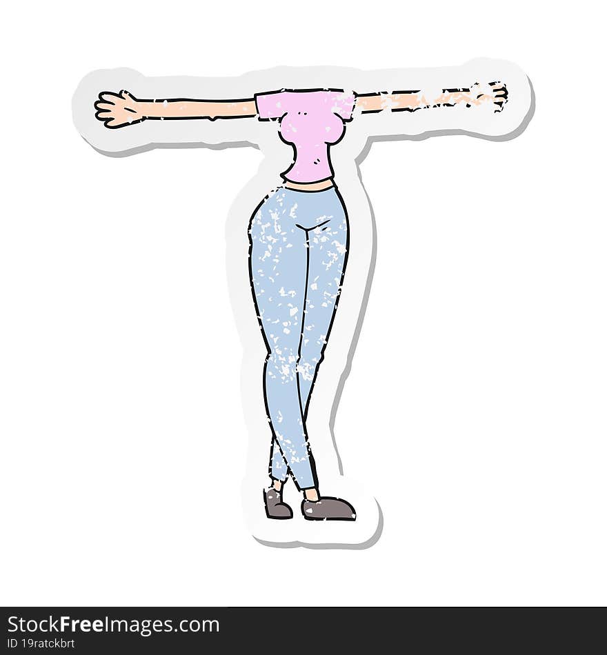 retro distressed sticker of a cartoon female body with wide arms