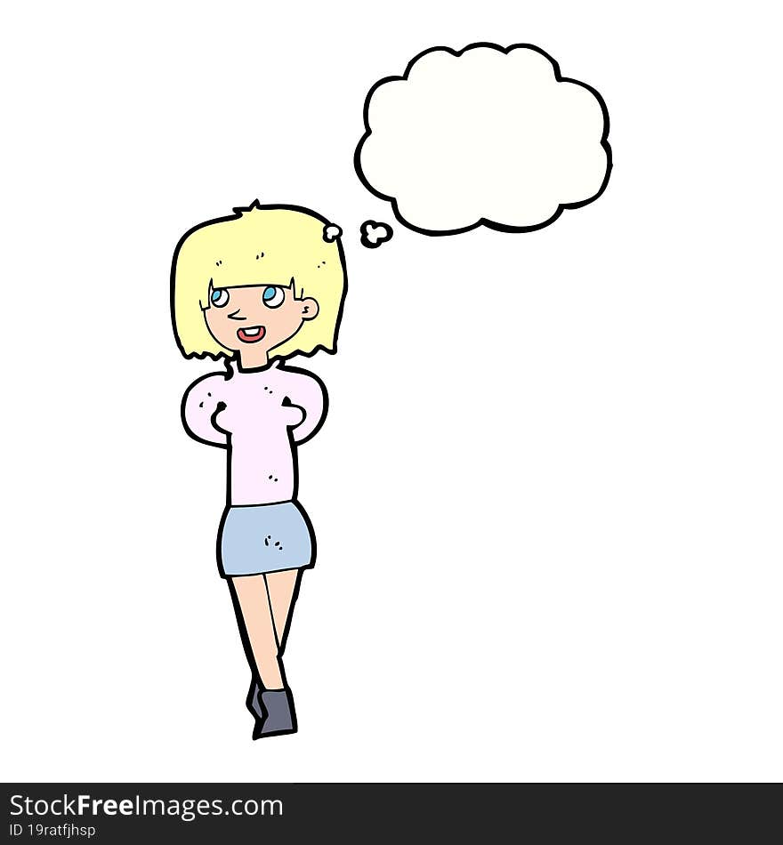 cartoon happy woman with thought bubble