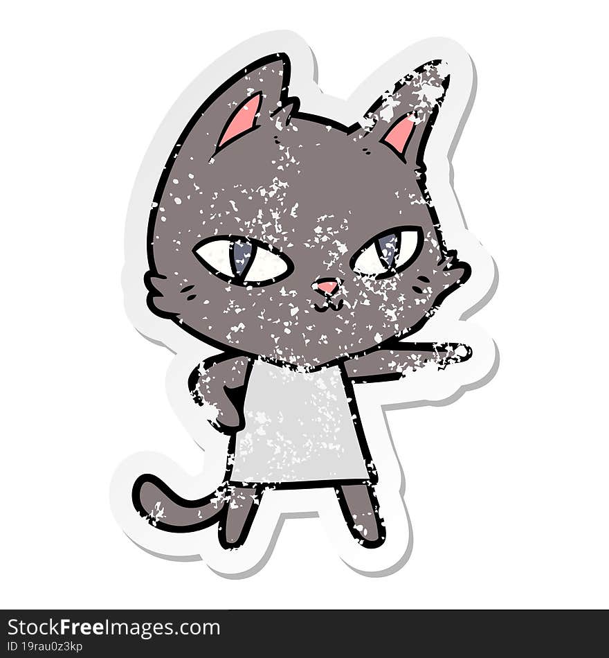 distressed sticker of a cartoon cat staring