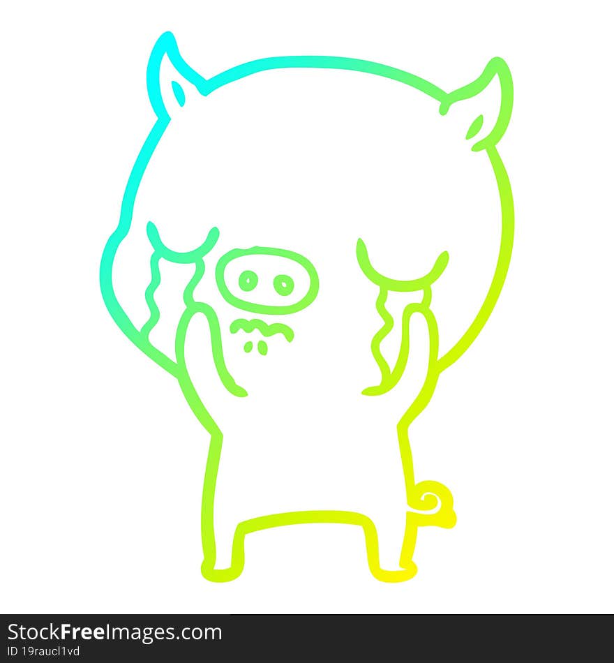 cold gradient line drawing of a cartoon pig crying