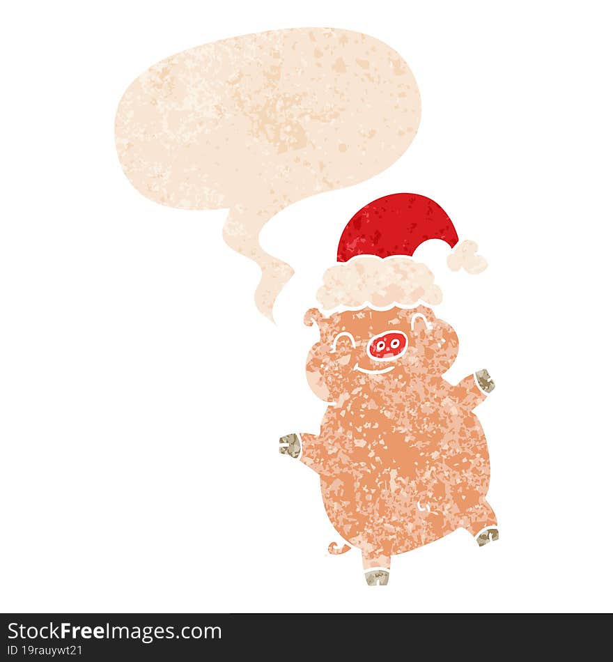 cartoon happy christmas pig and speech bubble in retro textured style