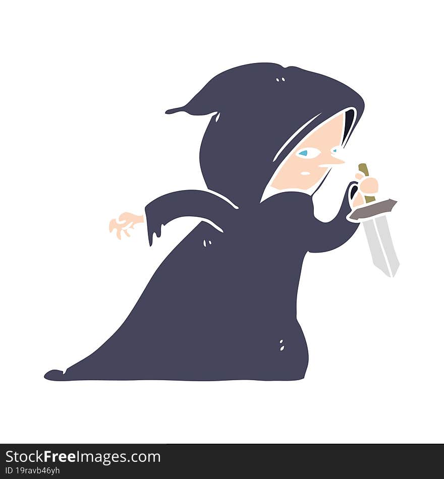 flat color style cartoon assassin in dark robe