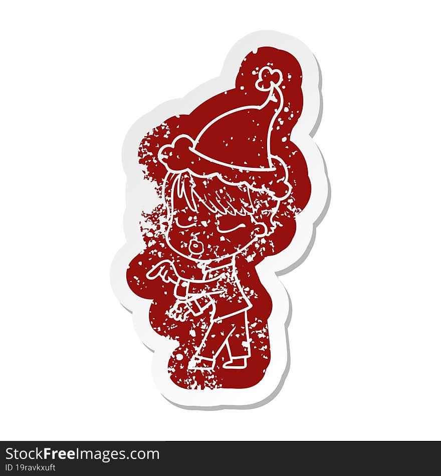 Cartoon Distressed Sticker Of A Woman With Eyes Shut Wearing Santa Hat