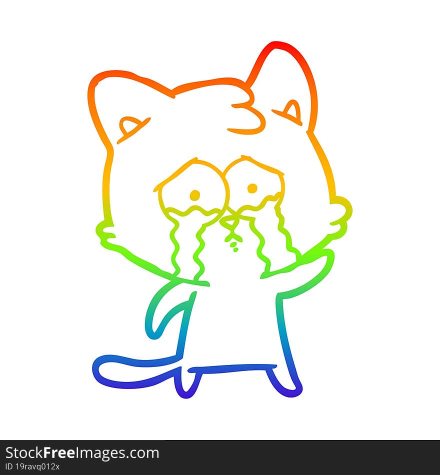 rainbow gradient line drawing of a crying cartoon cat