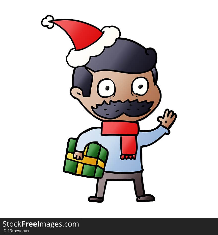 hand drawn gradient cartoon of a man with mustache and christmas present wearing santa hat