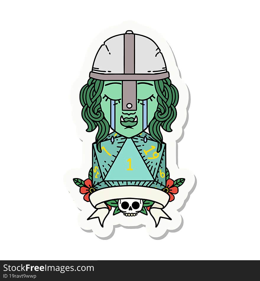 crying orc fighter character with natural one D20 roll sticker