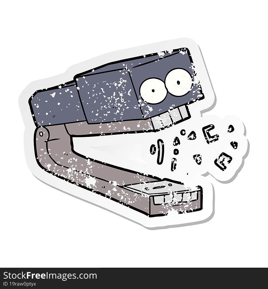 distressed sticker of a crazy cartoon stapler