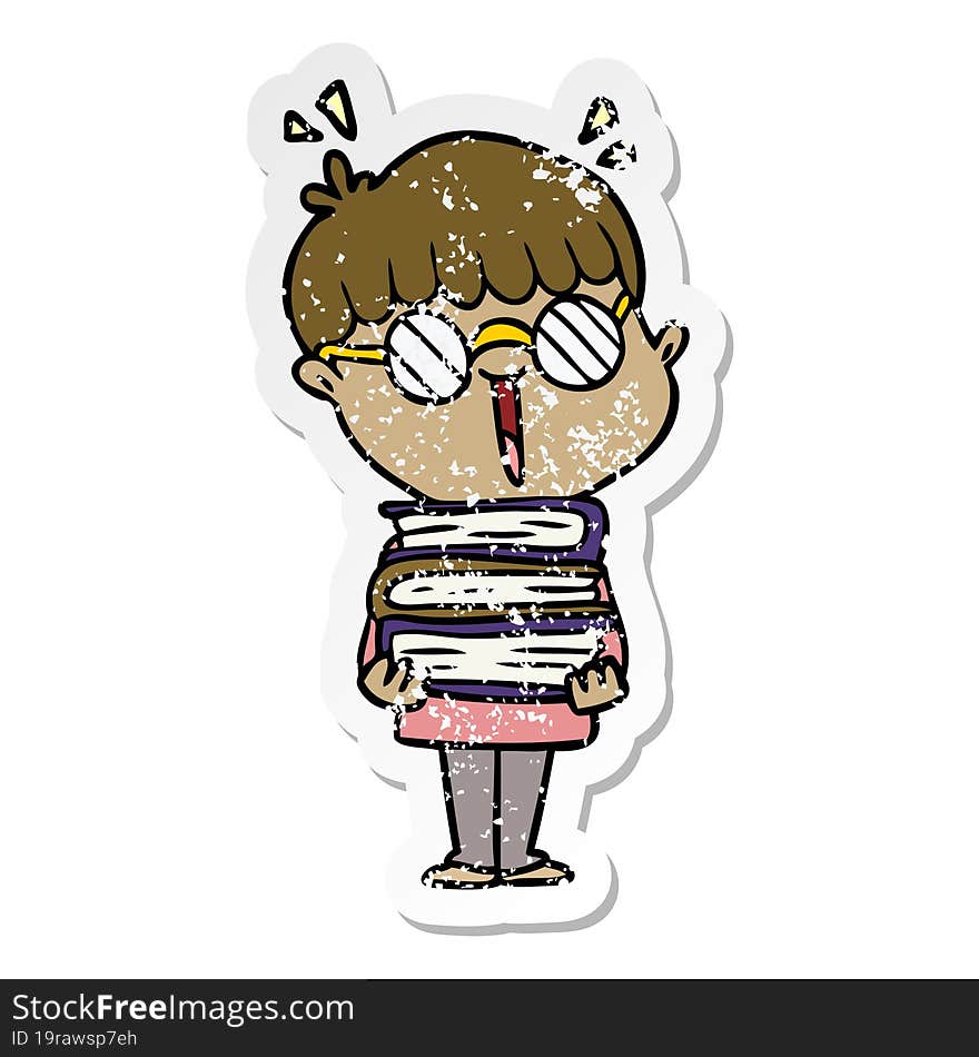 distressed sticker of a cartoon boy with amazing books