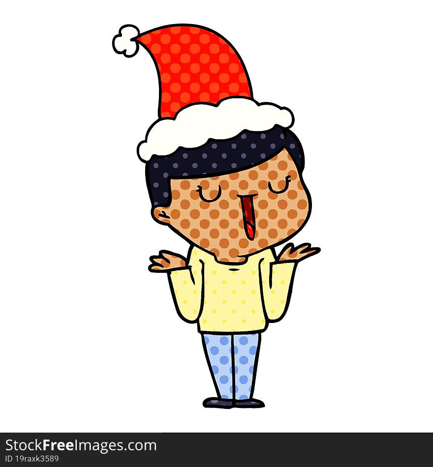 comic book style illustration of a happy boy with no worries wearing santa hat