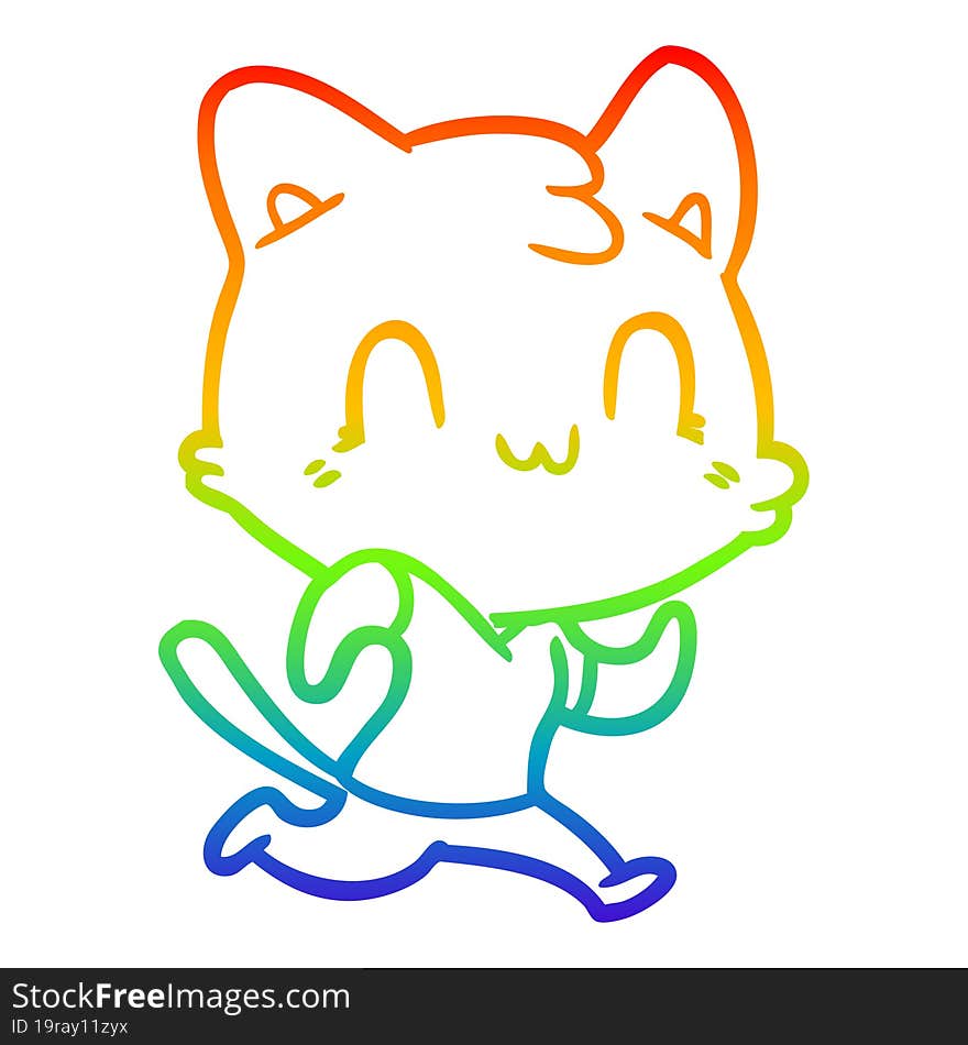 rainbow gradient line drawing of a cartoon happy cat running