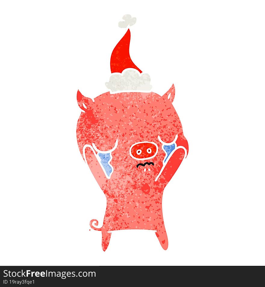 retro cartoon of a pig crying wearing santa hat