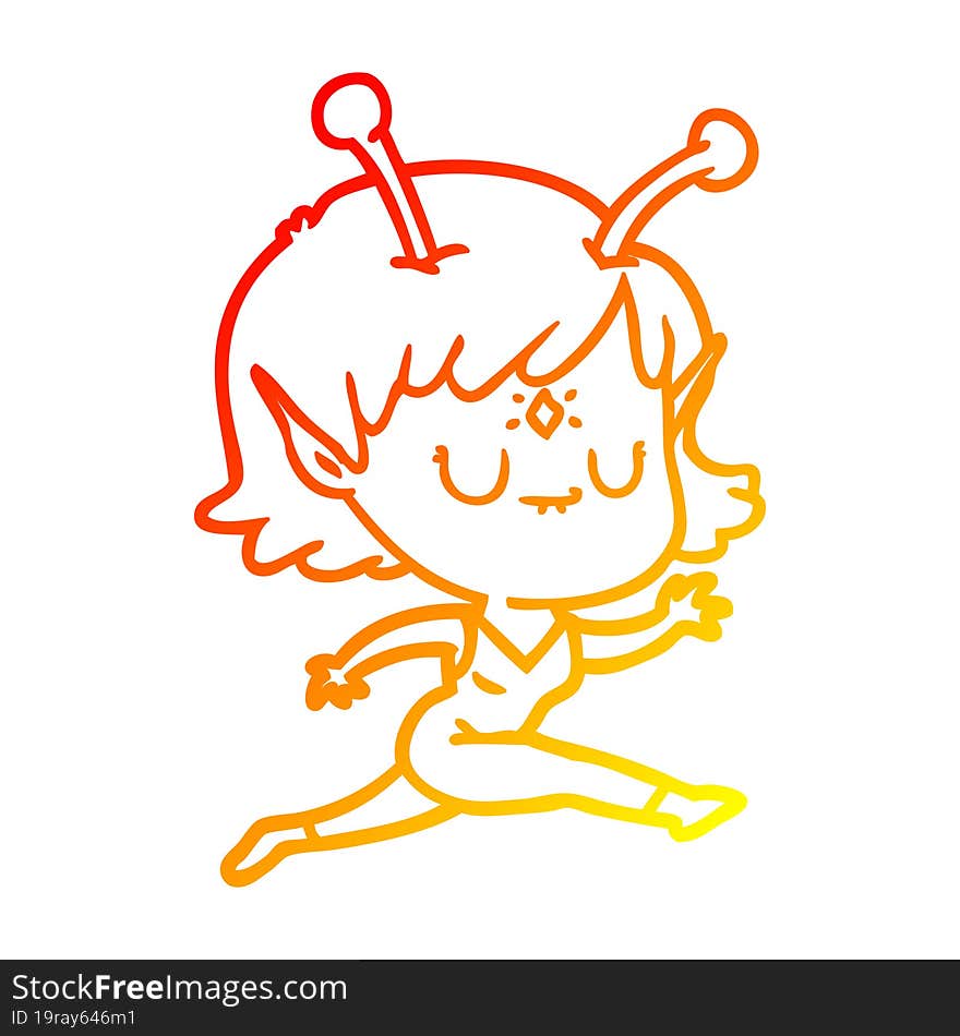 warm gradient line drawing of a cartoon alien girl jumping