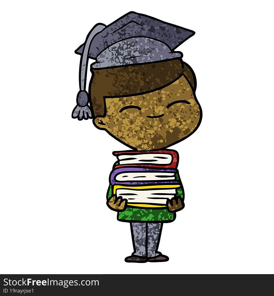 cartoon smiling boy with stack of books. cartoon smiling boy with stack of books