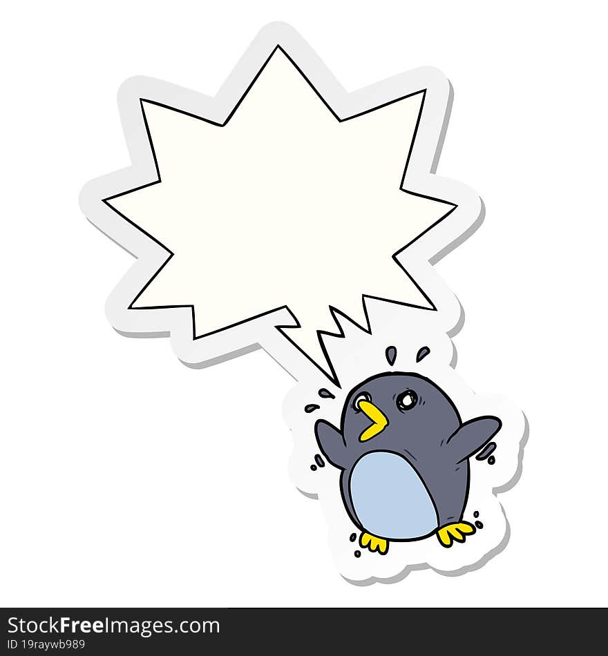 cartoon frightened penguin with speech bubble sticker