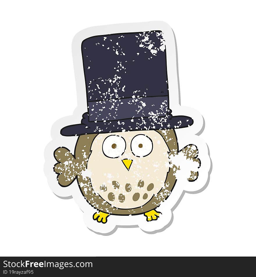 retro distressed sticker of a cartoon owl wearing top hat