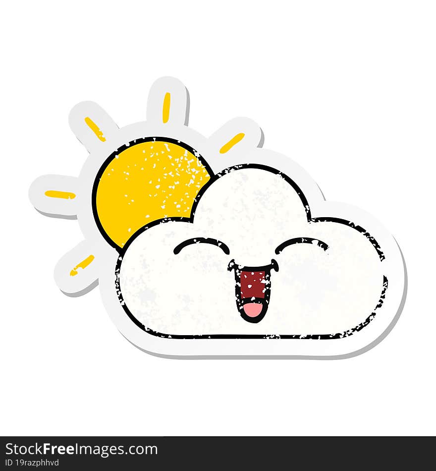 distressed sticker of a cute cartoon sunshine and cloud