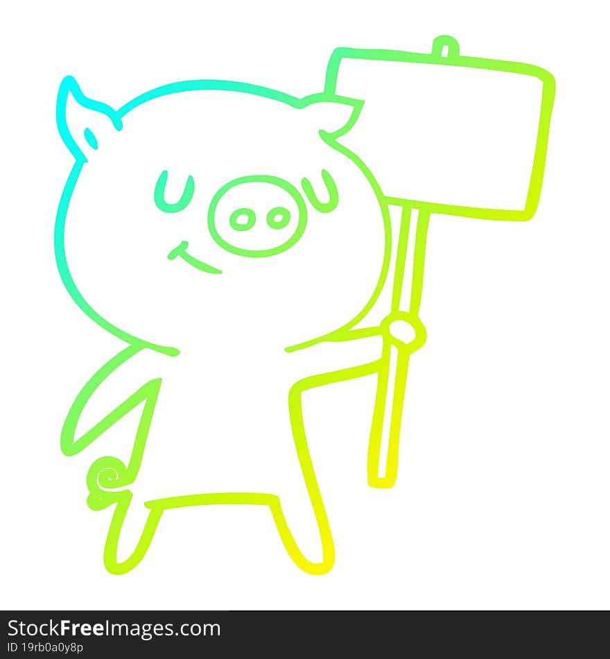 cold gradient line drawing happy cartoon pig with placard