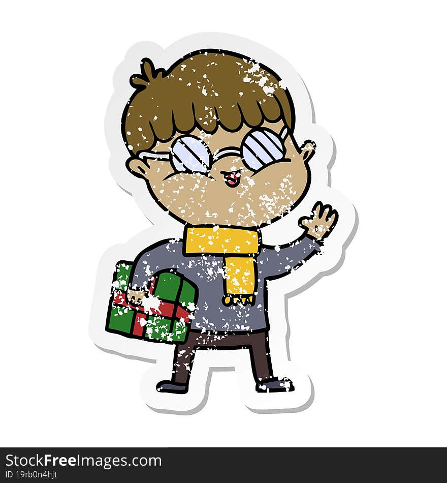 distressed sticker of a cartoon boy wearing spectacles carrying gift