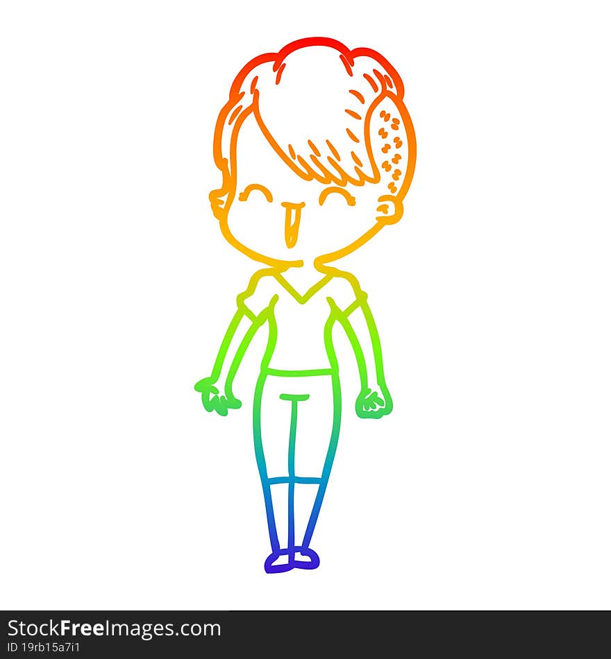 Rainbow Gradient Line Drawing Happy Cartoon Hipster Girl