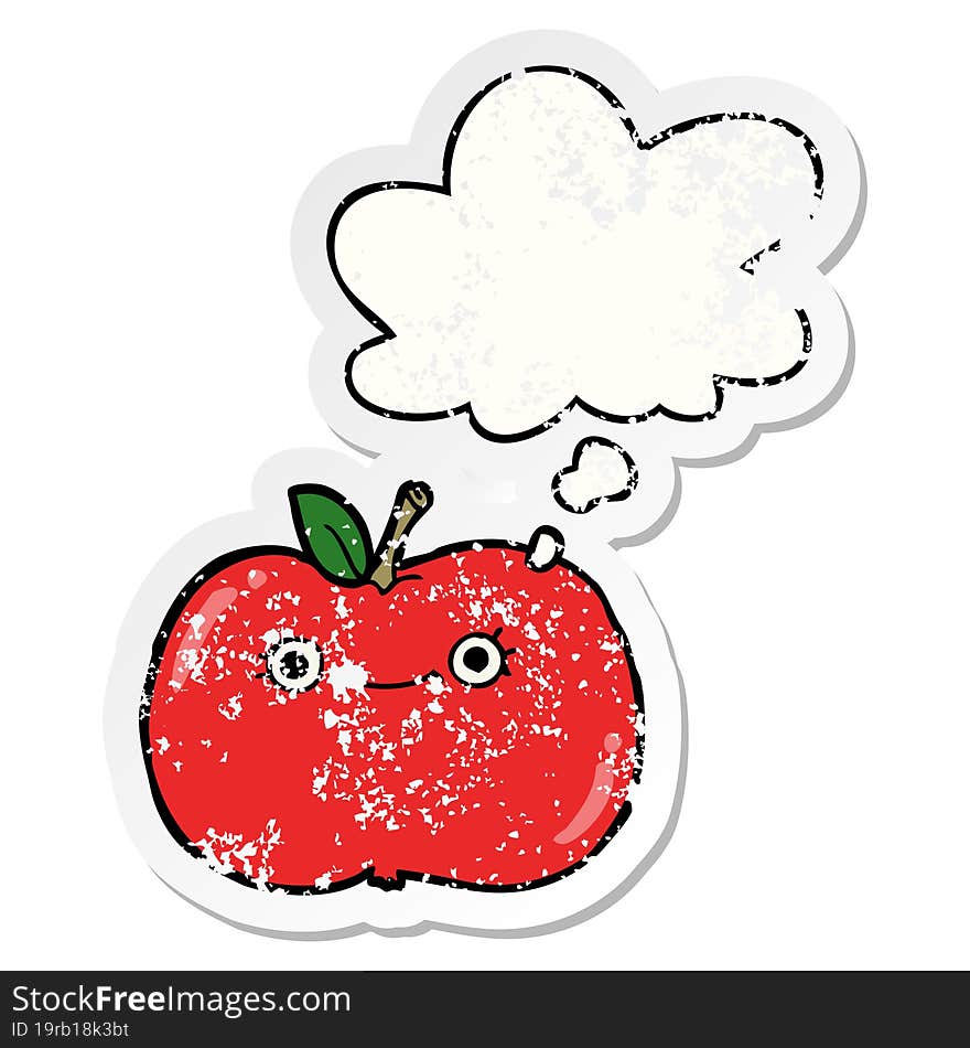 cute cartoon apple and thought bubble as a distressed worn sticker