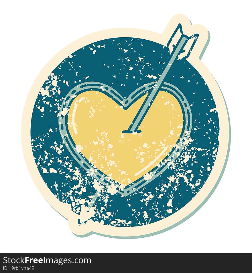 distressed sticker tattoo style icon of an arrow and heart