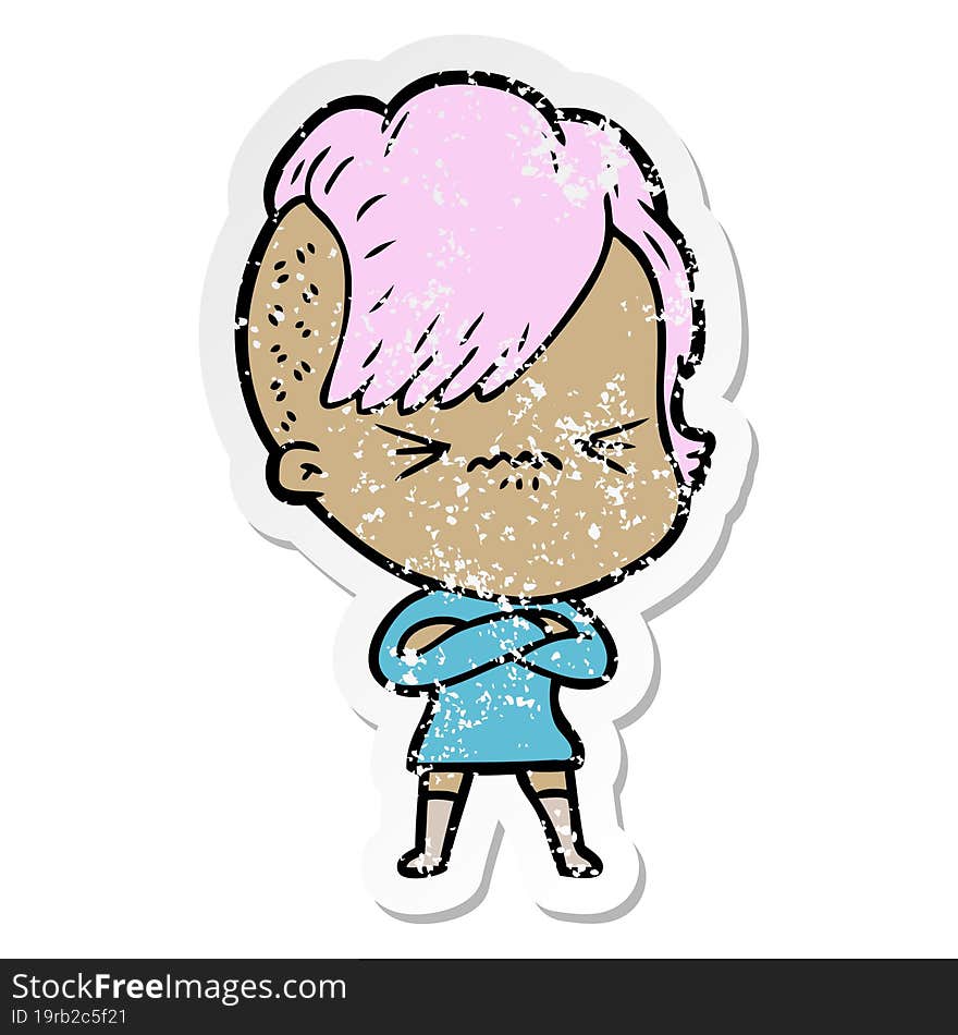 distressed sticker of a cartoon annoyed hipster girl