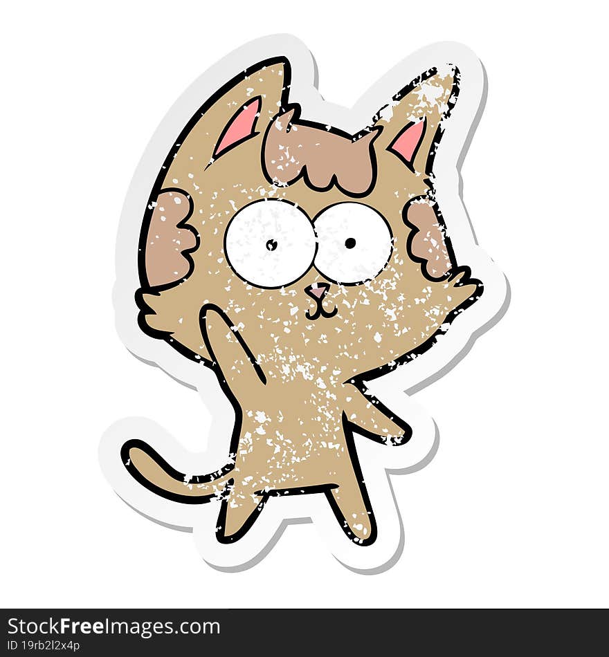 distressed sticker of a happy cartoon cat