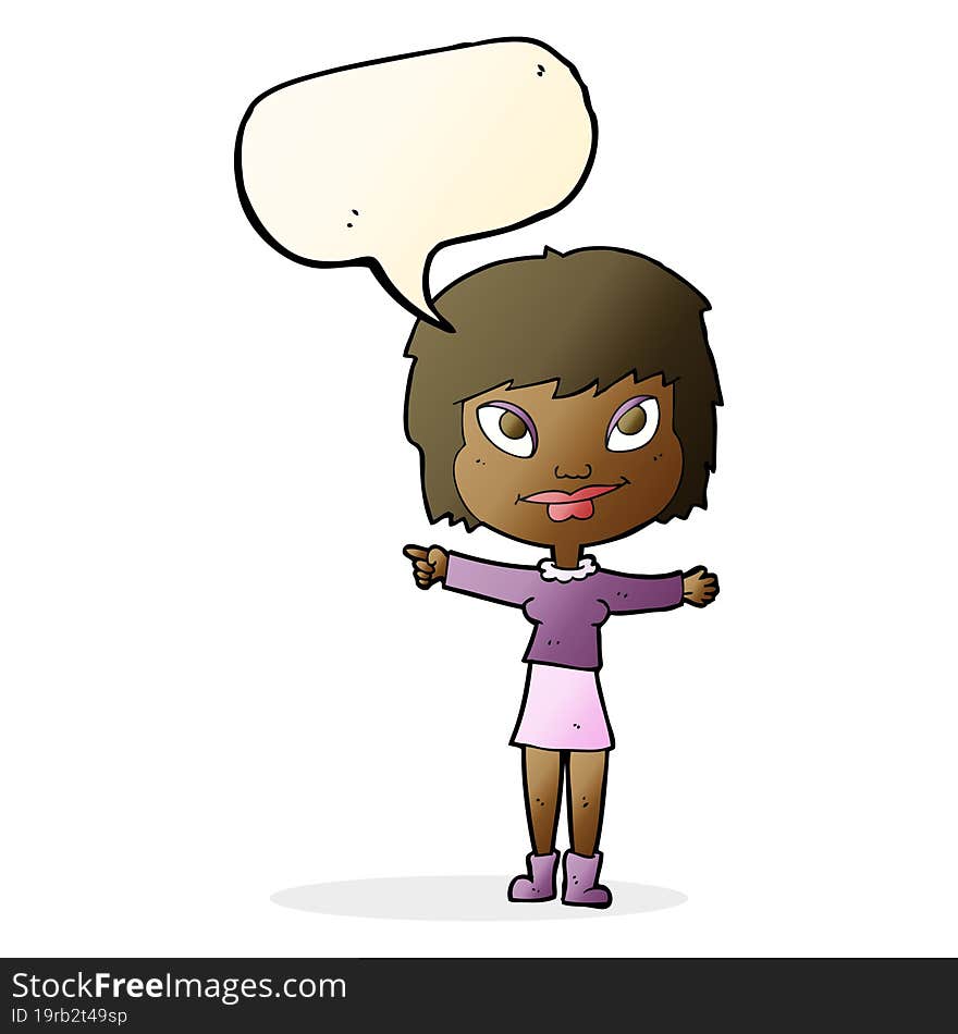 cartoon woman pointing with speech bubble