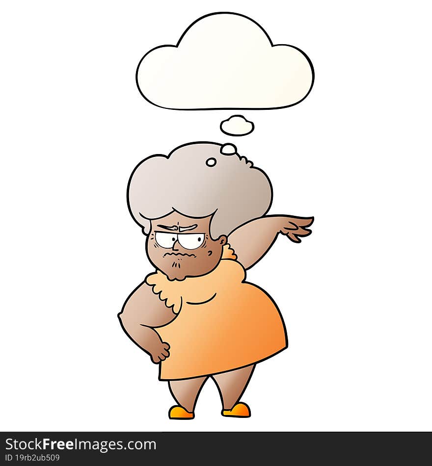 cartoon angry old woman and thought bubble in smooth gradient style