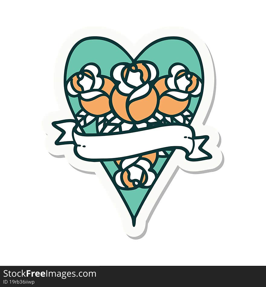 Tattoo Style Sticker Of A Heart And Banner With Flowers