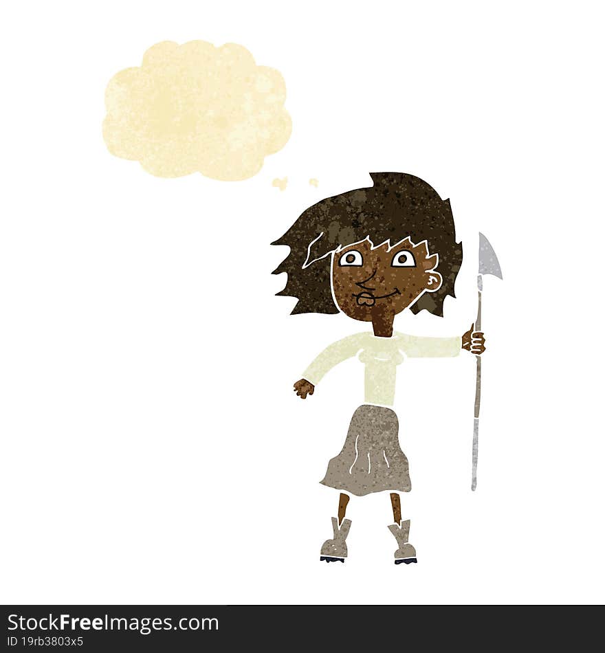 cartoon woman with spear with thought bubble