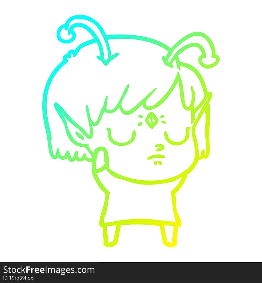 cold gradient line drawing of a cartoon alien girl