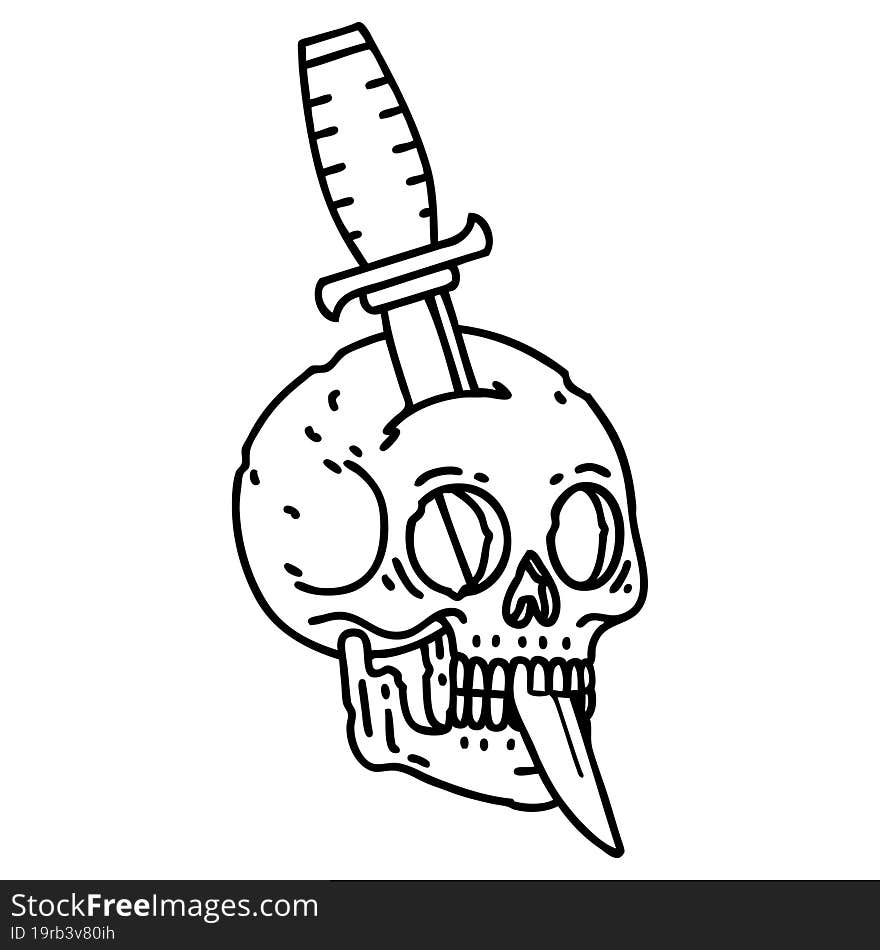 Black Line Tattoo Of A Skull And Dagger