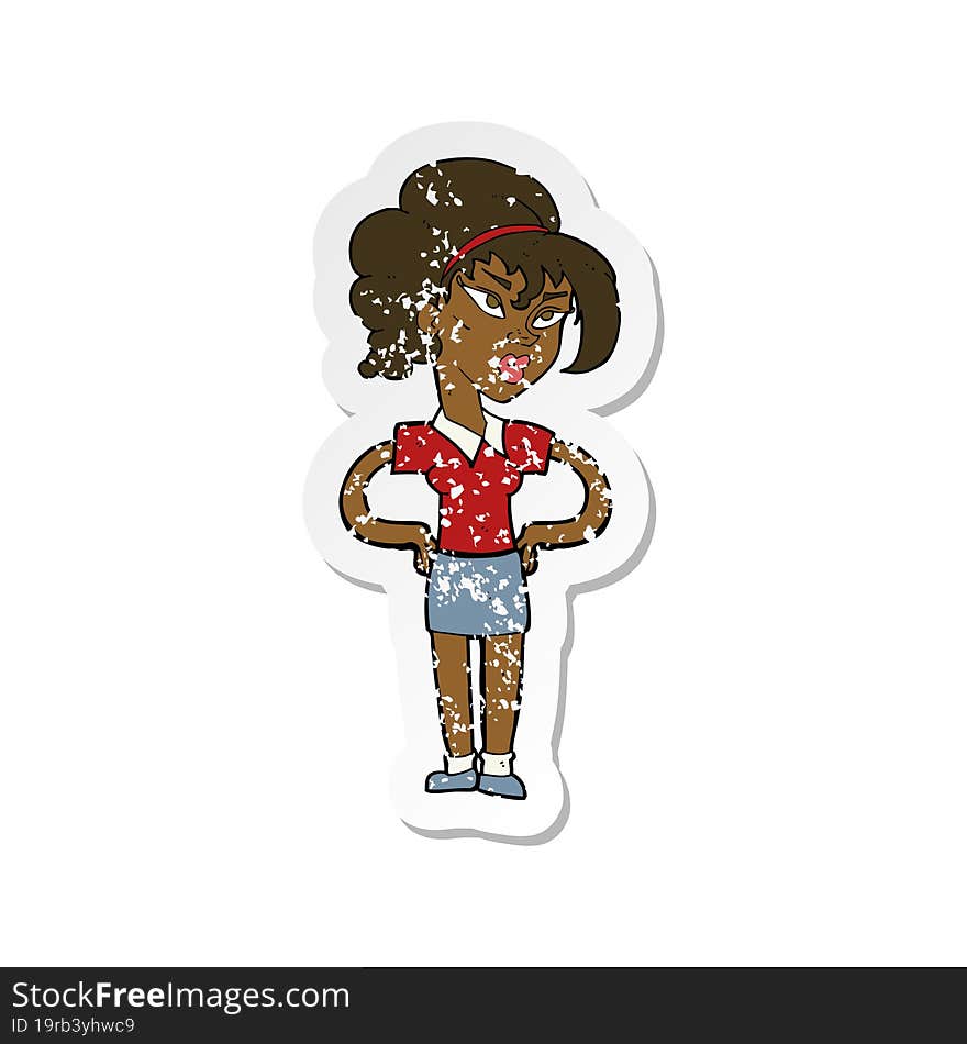 retro distressed sticker of a cartoon woman with hands on hips